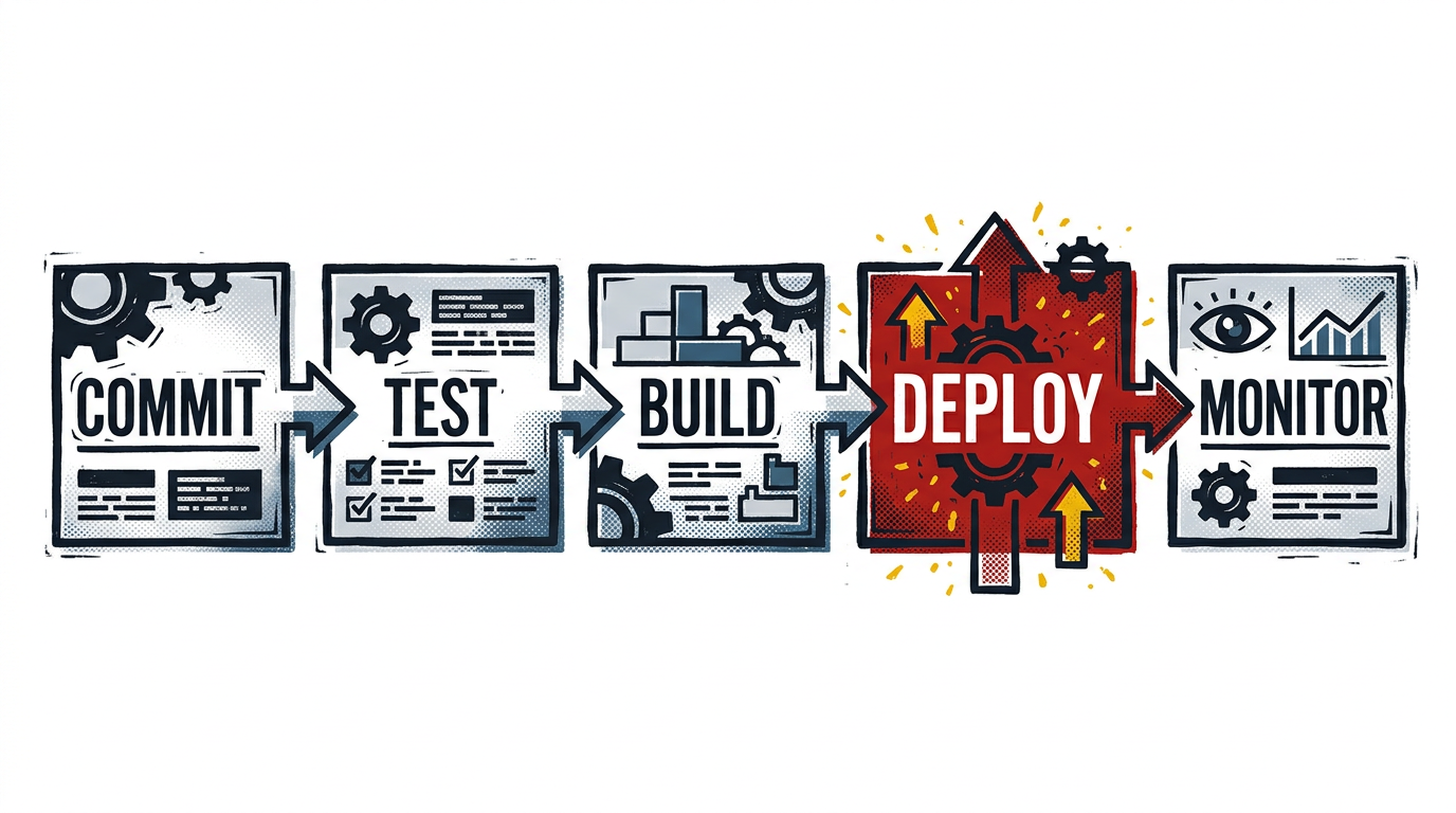 DevOps conference track board with pipeline stages, deployment signals, and reliability notes