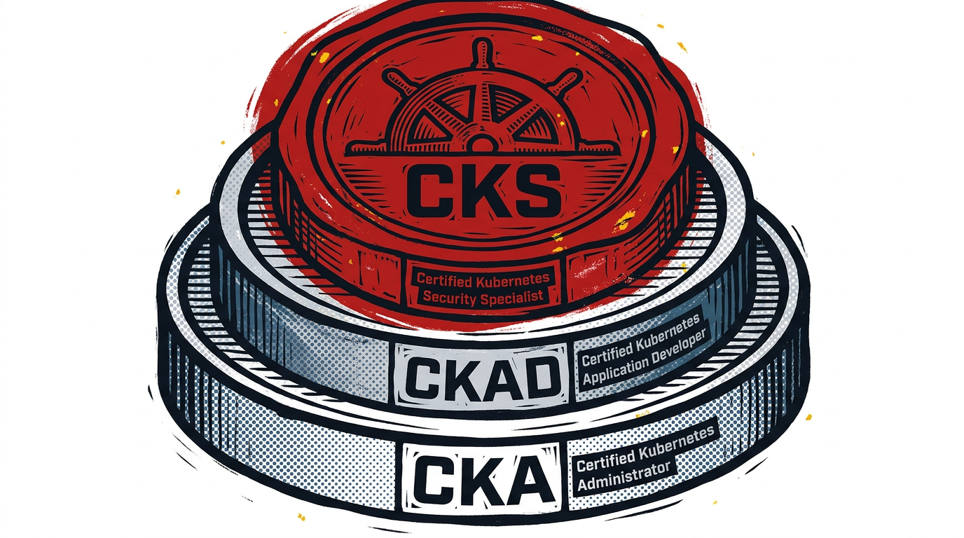 Woodcut Kubernetes certification emblem with three ascending tiers in deep ink and Chicago red